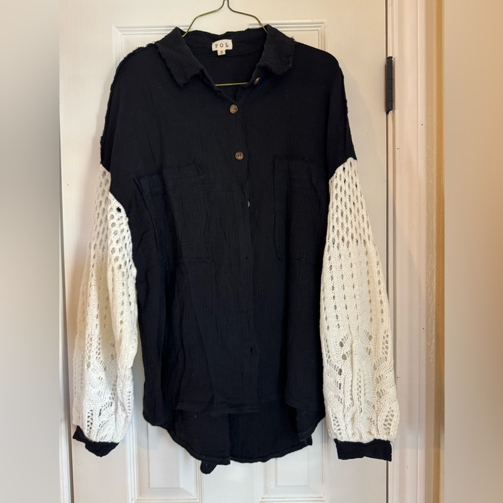 POL Black Button Down Shirt with White Crochet Sleeves